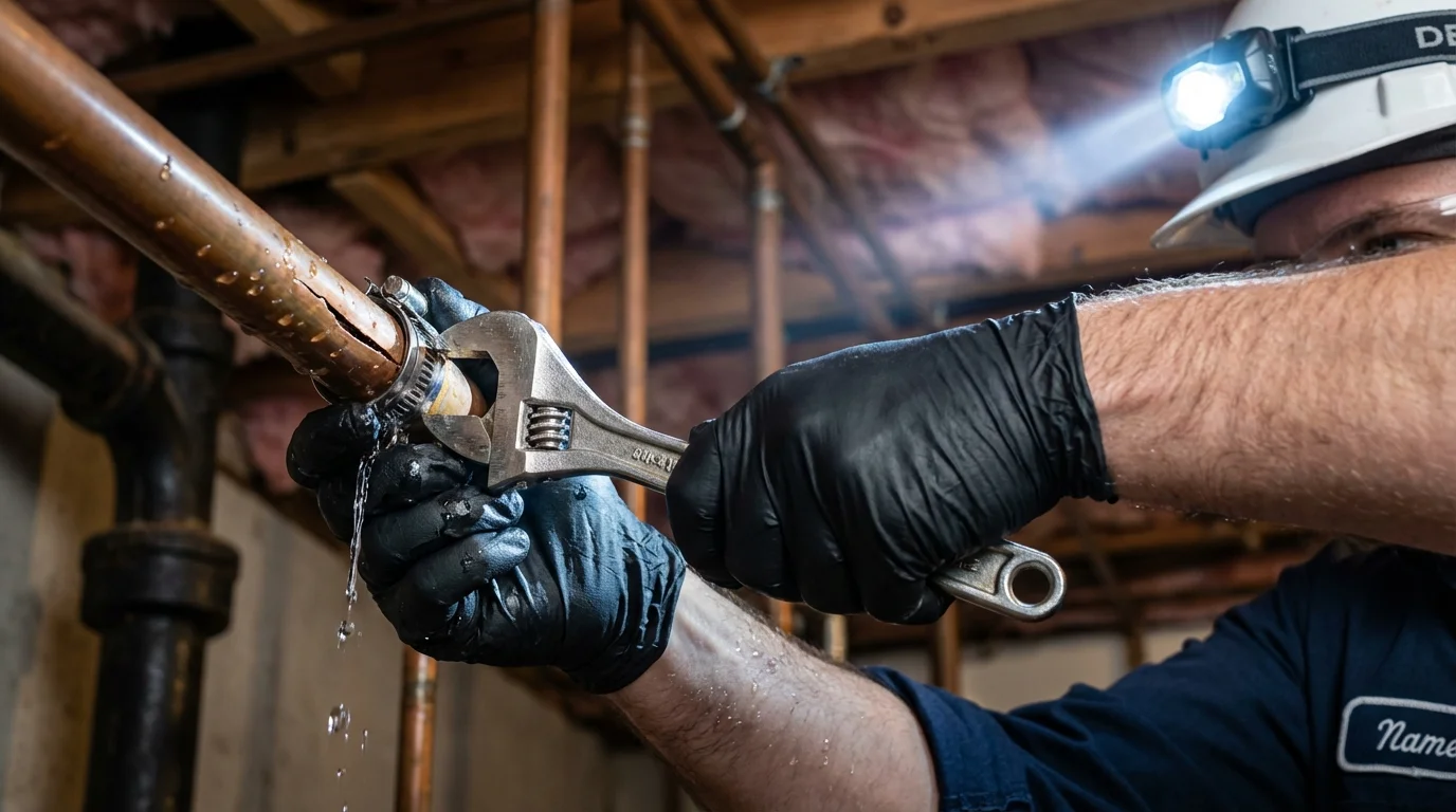 Emergency pipe clamp repair being performed by a Johns Plumbing LLC plumber in Cave Creek