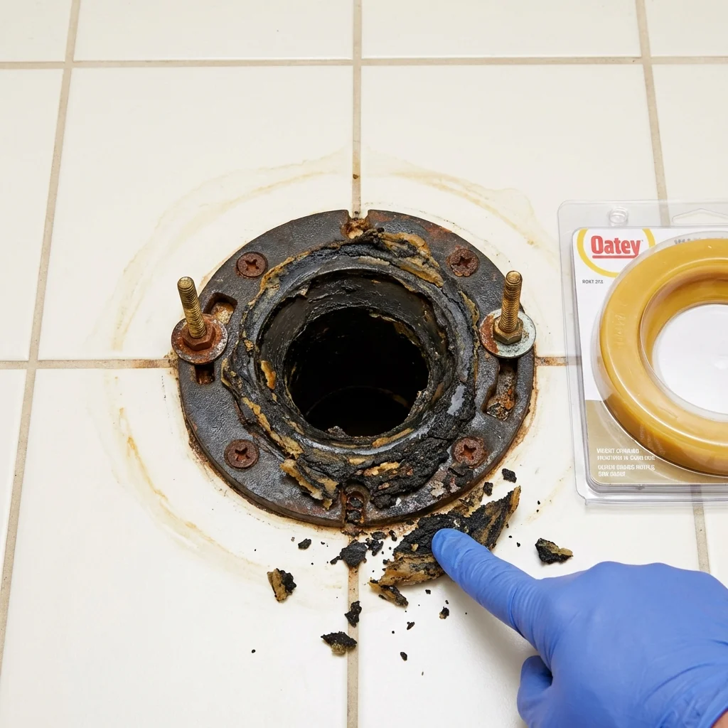 Failed wax ring showing water seepage at the base of a toilet in a Cave Creek, AZ home