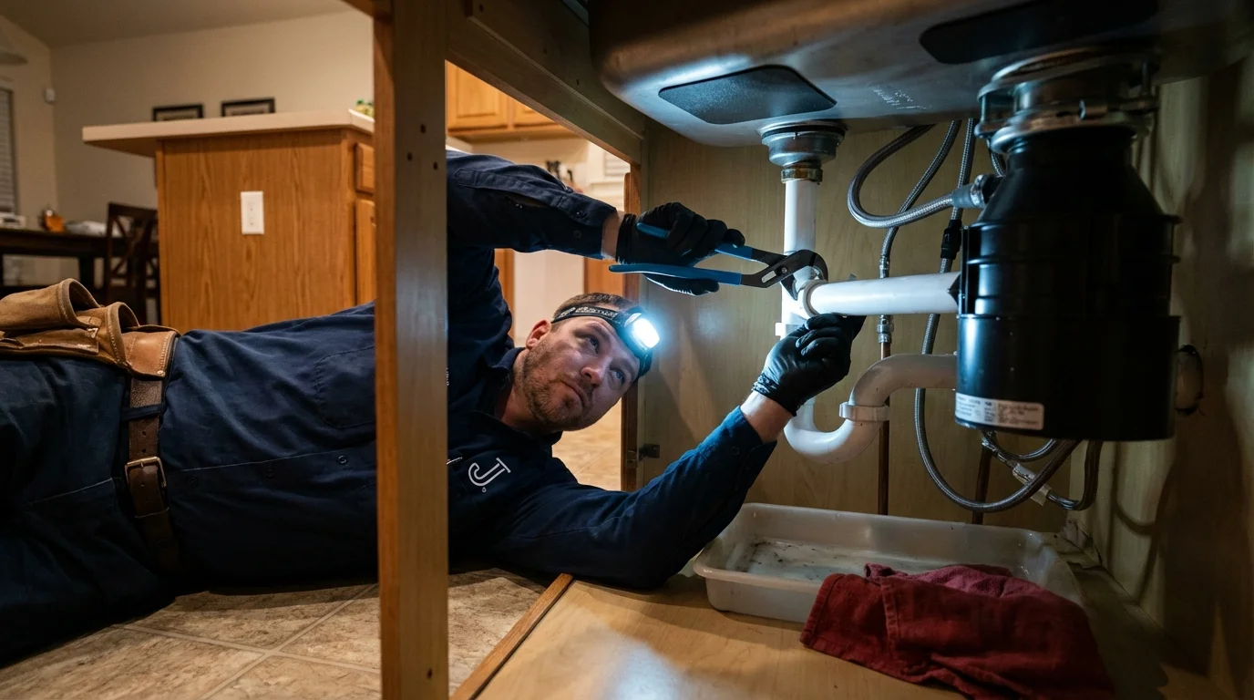 P-trap and supply line connections under a kitchen sink showing a common leak point in Cave Creek, AZ